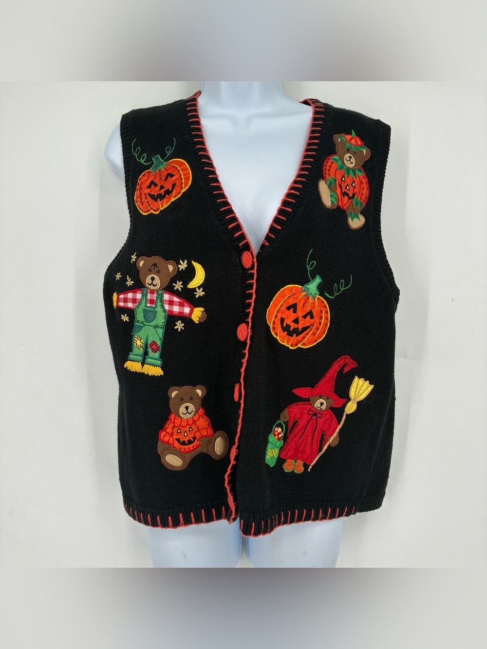 Vintage 90s Basic Editions Medium Halloween Knit Vest Pumpkin Jack-o’-lantern